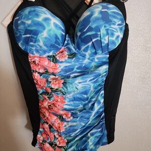 Torrid Blue and Black Floral One-Piece Swimsuit